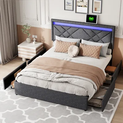 Obrázok produktu pre Čalúnená posteľ 140x200cm, manželská posteľ s USB, Type-C a 4 zásuvkami, úložná posteľ pre mladých s lamelovým roštom a Led, funkčná posteľ z masívneho dreva, posteľná bielizeň, sivá