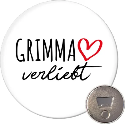 Produktbild von Huuraa Magnet Grimma verliebt 59mm Kühlschrankmagnet rund Flaschenöffner Geschenkidee
