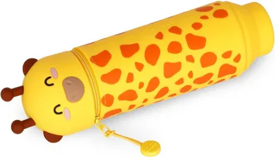 A yellow pencil case shaped like a giraffe with orange spots, lying on a white background.