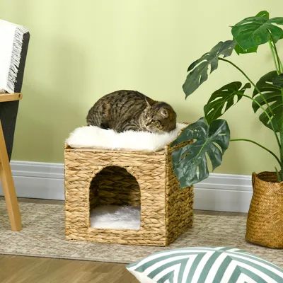 Produktbild von Katzenhöhle Wasserhyazinthe, Katzenhaus Rattan-Look, 2 Liegeflächen, waschbare Kissen, Braun | 37,5 x 37,5 x 41,5 cm | 4,1 kg