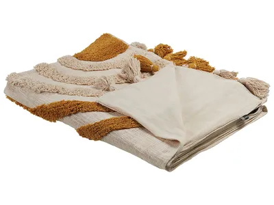 Zdjęcie produktu dla BELIANI Koc beżowo-pomarańczowy bawełniany 130 x 180 cm z wyszywanym wzorem i frędzlami w stylu boho