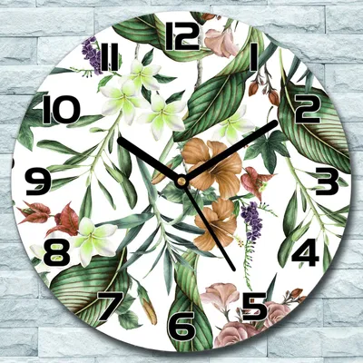 Produktbild von Wanduhr aus Glas Rund fi 30 Exotische Blumen Quarz Deko Wohnzimmer Büro