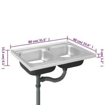 Zdjęcie produktu dla vidaXL Zlewozmywak podwójny srebrny 800x600x155 mm stal nierdzewna