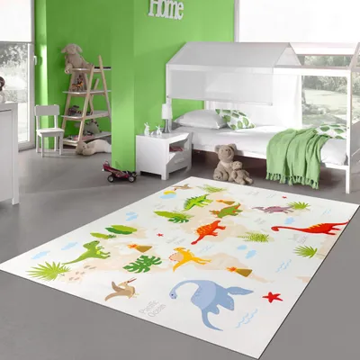 Produktbild von Rutschfester Kinderzimmerteppich mit Dinomuster in Beige Größe - 200 cm Rund