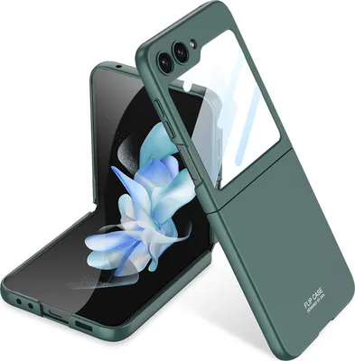 A green flip phone case is shown open, with the phone inside.