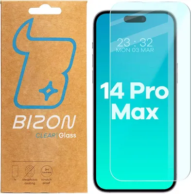 The image shows the packaging for a Bizon Clear Glass screen protector for an Apple iPhone 14 Pro Max, alongside a representation of the screen protector on a phone.