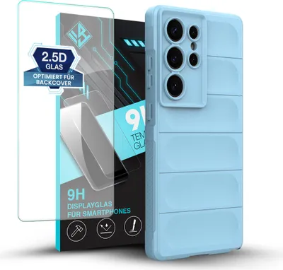 Produktbild von Handy Hülle für Samsung Galaxy S25 Ultra mit 9H Displayglas Displayschutz Plus Grip Case Cover Schutzhülle Softgrip Farbe: Hellblau