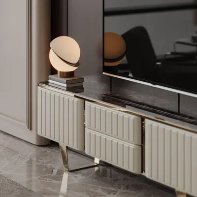 Productafbeelding van Moderne TV-kast met een tafelblad met structuur en metalen poten