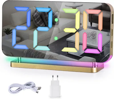 Produktbild von Wecker Nachttisch,7,4" LED-Spiegeluhr mit 10 Modi RGB-Nachtlicht,11 Farben ,Automatische Dimmung,USB-C-Ladeanschluss,Schreibtischuhr für Schlafzimmer