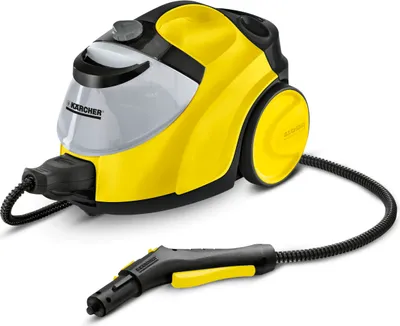 A yellow and black Kärcher steam cleaner with its accessory hose and nozzle is shown against a white background.