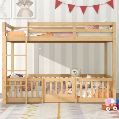 Produktbild von Etagenbett mit rechtwinkliger Treppe, Bett mit Z?une und Türchen, Kinderbett mit Fallschutz und Gitter, Massivholz, natur