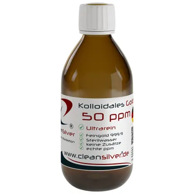 Produktbild von CleanSilver - Kolloidales Gold 50 ppm - 250ml - Ultrarein: Sterilwasser und Feingold 99,99% - stets frisch, keine Lagerware!