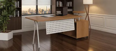 Image de Bureau avec structure métallique et plateau en bois, idéal pour un bureau moderne