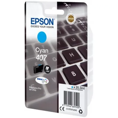 Obrázok produktu pre Epson Jednofarebný atrament DURABrite Ultra 407L klávesnica Cyan, Vysoký (XL) výnos, Azúrová, 38,1 ml, 1 kusov, 1900 strany, Balenie po jednom kuse
