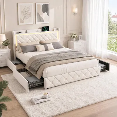 Image de INONEFT, lit capitonné 140 x 190 cm, lit double avec sommier à lattes et 4 tiroirs, lit pour adolescents avec éclairage LED et port USB, lit pour adultes, revêtement en velours, couleur beige, sans matelas