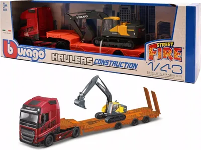 Produktbild von Bburago 1:43 Lkw Construction Volvo FH16 Globetrotter 750XXL mit Bagger Volvo EC220E