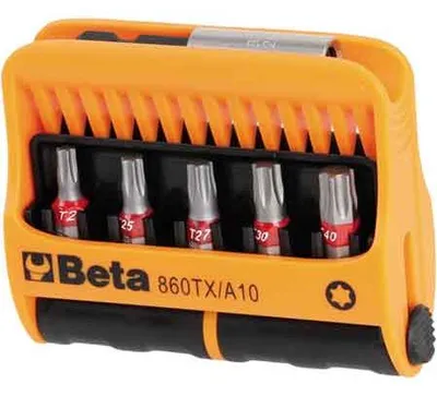 Produktbild von Beta Sortiment mit 10 Schraubeinsätzen für Torx®-Schrauben und magnetischer Schraubeinsatzhalter, im Kunststoffkasten 860TX/A10