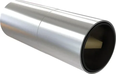 A close-up, studio shot of a cylindrical metal product against a white background.