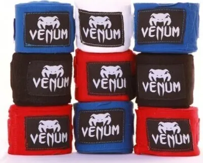 A stack of Venum boxing hand wraps in different colors.
