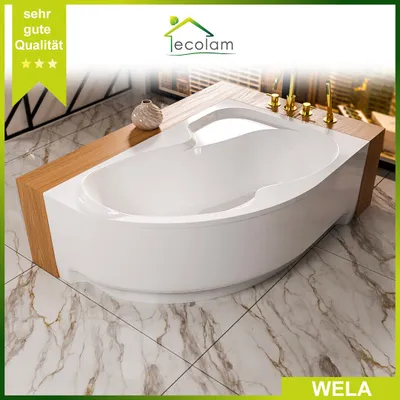 A modern corner bathtub with a wooden surround, set in a luxurious bathroom with marble flooring.