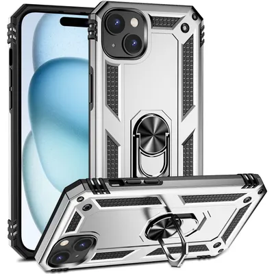 Obrázek produktu pro Pouzdro pro iPhone 15 dvouvrstvé robustní, vojenská ochrana pouzdro s držákem prstenu a stojánkem Stříbro