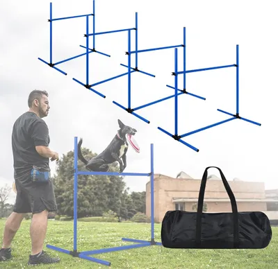 Produktbild von TRMLBE 4dílná sada překážek pro agility PVC Slalom Pet Výškově nastavitelné tréninkové tyče Sada skákacích tyčí pro psy kočky Kondiční trénink Skákání síly, Agility - modrá