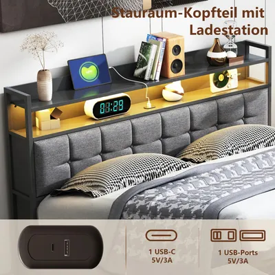 Obrázek produktu pro Postel s úložným prostorem – manželská postel 140 × 200 cm – hydraulický zvedací mechanismus – kovový rám – čalouněné čelo –Polyuretankoženka – bez matrace