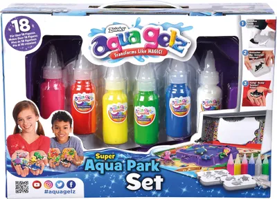 The image shows the packaging of an Aqua Gelz Aqua Park Spielset, featuring the product inside, children playing with the gel creations, and instructions on how to use the product.