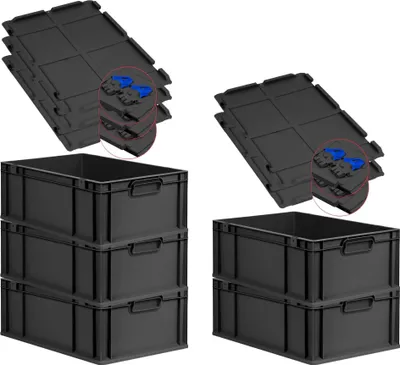 Produktbild von SuperSparSet 5x Eurobox NextGen Grip mit Scharnierdeckel und blauen Schiebeschnappverschlüssen | HxBxT 22x40x60cm | 44 Liter | Schwarz | Griffe geschlossen | Verstärkter Boden | Eurobehälter, Transportbox, Transportbehälter, Stapelbehälter