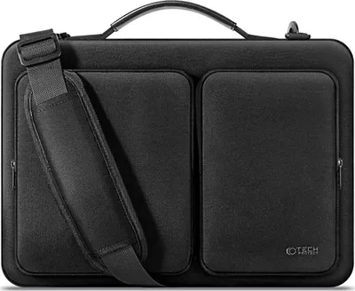A black laptop bag with a shoulder strap and two front pockets.