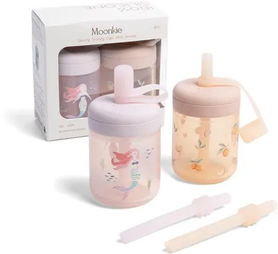 Productafbeelding van Set van 2 Siliconen Drinkbekers met Rietjes voor Baby's vanaf 6 Maanden (Zeemeermin/Roze-Peche)