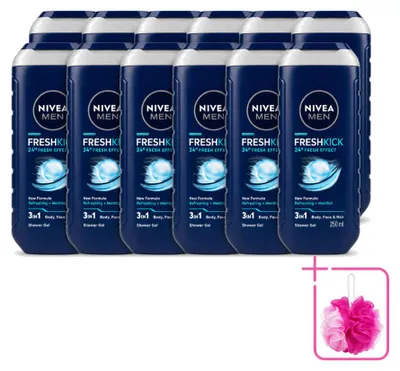 Imagen del producto de 12 unidades de gel de ducha 3 en 1 Nivea Men Fresh Kick, 250 ml cada uno. Paquete económico