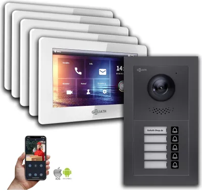 Image de Goliath interphone vidéo BUS 2 fils : maison de 5 familles, Smartphone App, anthracite : 7 pouces en blanc : Boîte d'encastrement Sélection du moniteur : 7 pouces en blanc Boîte de montage de la sonnette : Boîte d'encastrement