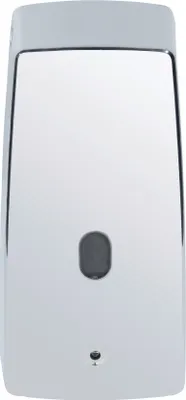 A silver automatic soap dispenser with a dark gray sensor.