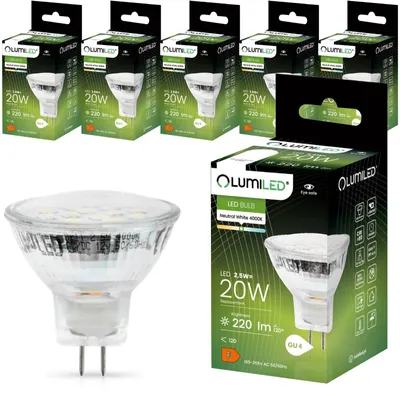 A collection of Lumiled LED light bulb packaging and one individual light bulb.