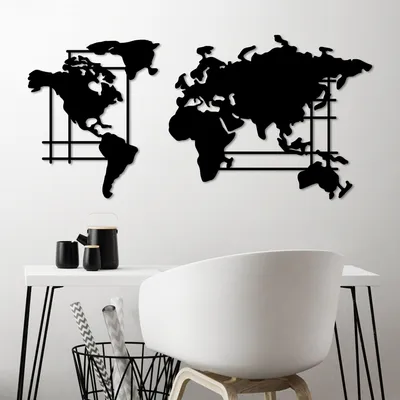 Immagine prodotto di Wallity, Mappa del mondo - L, decorazione da parete, nero, metallo, 120 x 56 cm
