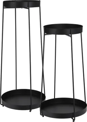 Produktbild von Blumentopf Ständer aus Metall in schwarz 2er Set - H 58 / 46 cm - Deko Blumenregal mit 2 Ablagen - Blumentisch Pflanzentreppe Blumenhocker Pflanzenständer