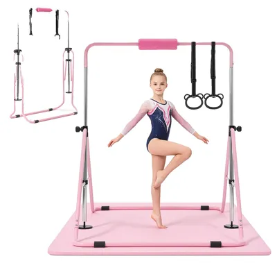 Produktbild von VEVOR Turnstangen für Kinder, 63,5 kg Tragfähigkeit, faltbare Trainings-Kip-Stange mit Matte, höhenverstellbare gymnastische Stange für zu Hause, Trainingsgerät für drinnen und draußen, einfach zu montieren, lila