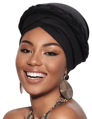 Produktbild von Damen Turban mit Zopf Kopfbedeckung Chemo Kappe Vorgebunden Beanie Kopfwickel Schlafmütze Polyester 1 Stück
