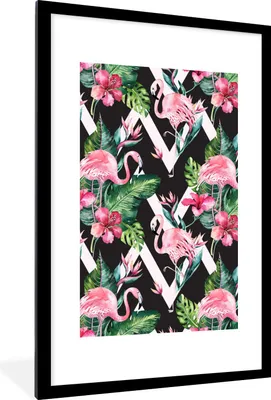 Produktbild von MuchoWow® MuchoWow® Gerahmtes Poster Muster - Blumen - Flamingo 60x90 cm - Poster mit zchwarzem Bilderrahmen - Dekoration - Wandposter Wohnzimmer - Hochwertig