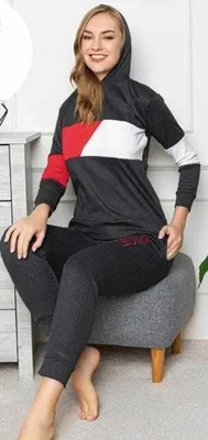 Produktbild von Damen Pyjama mit Kapuze Schlafanzug Schwarz XL Lang 2-Teiler Set L-73