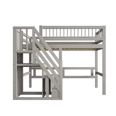 Produktbild von Hochbett mit Aufbewahrungsschrank und Treppe Kinderbett Einzelbett Jugendbett Holzbettgestell 90*200cm Grau