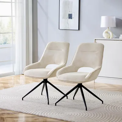 Produktbild von 2er-Set 360° drehbare Esszimmerstühle, weißer Stoffbezug, schwarze Metallbeine, 87 cm