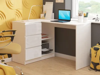 Obrázok produktu pre Rohový písací stôl 124 cm s 3 zásuvkami, počítačový stôl v tvare L, rohová skriňa s 2 priehradkami