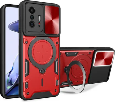 Produktbild von Handyhülle für Xiaomi 11T /11T Pro Dual-Layer Stoßfest Rüstung Hülle mit Dia Kameraschutz und Kreisförmig Ring Ständer Rot