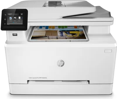 A white HP Color LaserJet Pro MFP M 283 fdn printer is shown from the front.