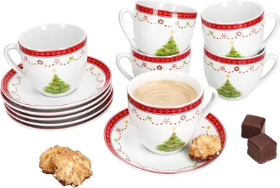 Immagine prodotto di Sogno di Natale tazze da caffè con piattini per 6 persone porcellana tè cacao