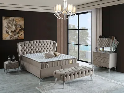 Produktbild von Schlafzimmer-Set "Bellana" – Bett mit Bettkasten und Matratze , Nachttisch, Kommode, Bettbank-Hellgrau