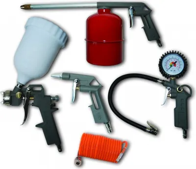 Produktbild von Pneumatik-Set 5-tlg., Oberladespritzpistole, Unterladespritzpistole, Luftpistole, Pumpe mit Manometer, Spiralschlauch