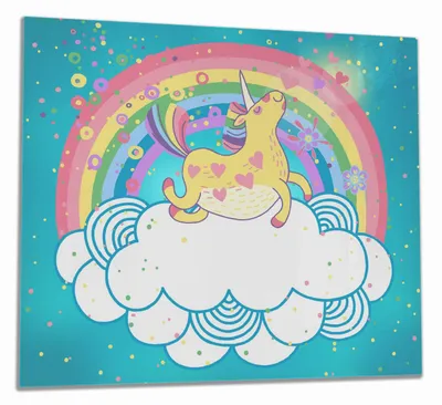 Produktbild von Wallario Herdabdeckplatte aus Glas, Größe 60 x 52 cm 1-teilig, Motiv Lustiges Einhorn auf einer Wolke vor Regenbogen